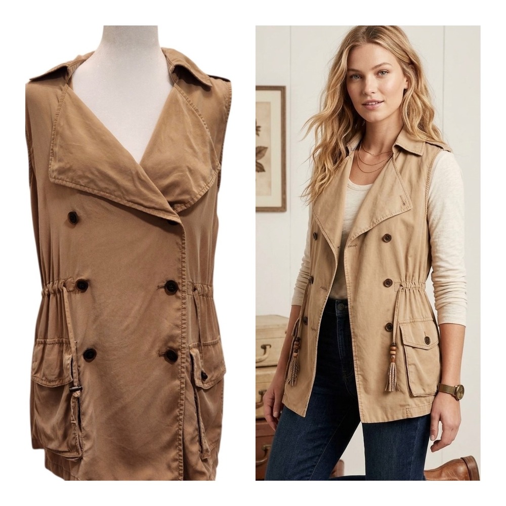 Banana Republic Womens Khaki Tan Lyocell Utility Safari Vest Double Breasted XS